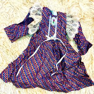 18in vintage classic doll dress jewel tone Checkered with Lace & ribbon Details
